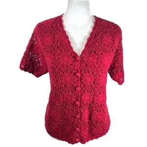Vtg Red Crochet Button Front Short Sleeve Cardigan Sweater Womens L Fairy Indie